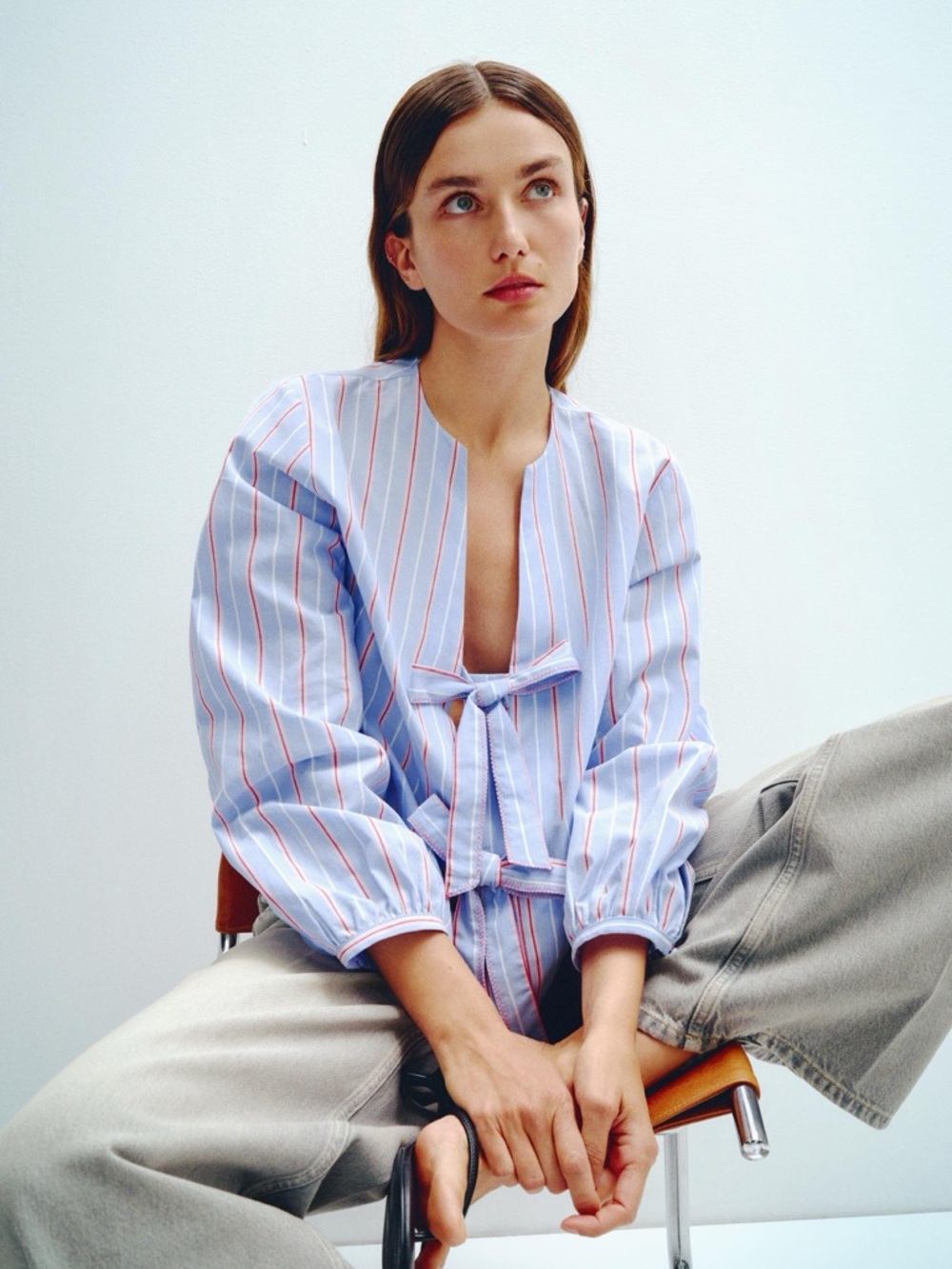 Zara Light Blue Top with Pink and White Stripes